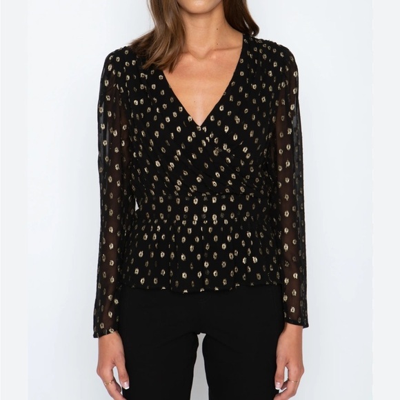CABALLERO ABY TOP IN BLACK GOLD DOT Sheer Sleeve Wrap Look Sz S NEW - Picture 1 of 12